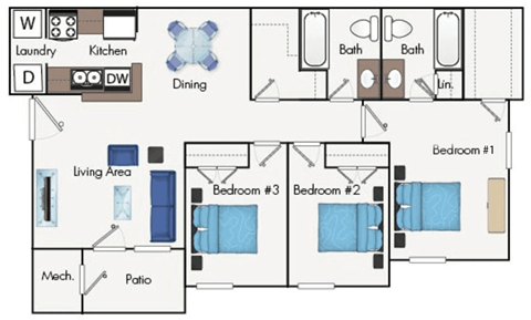 Three-Bedroom, Two-Bathroom Floorplan